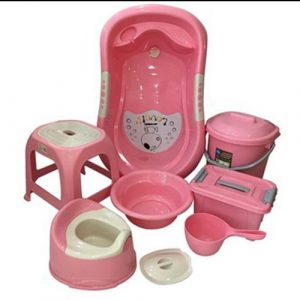 Baby bath set with stool, bowl, bucket, etc.